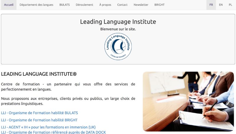 Site web du Leading Language Institute, centre de formation linguistique